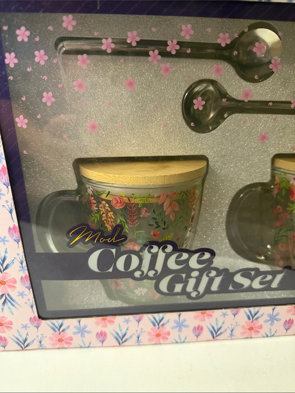 2PC Floral Pink Coffee Mug with Bamboo Lid & 2PC Metal Spoon Gift Set NEW